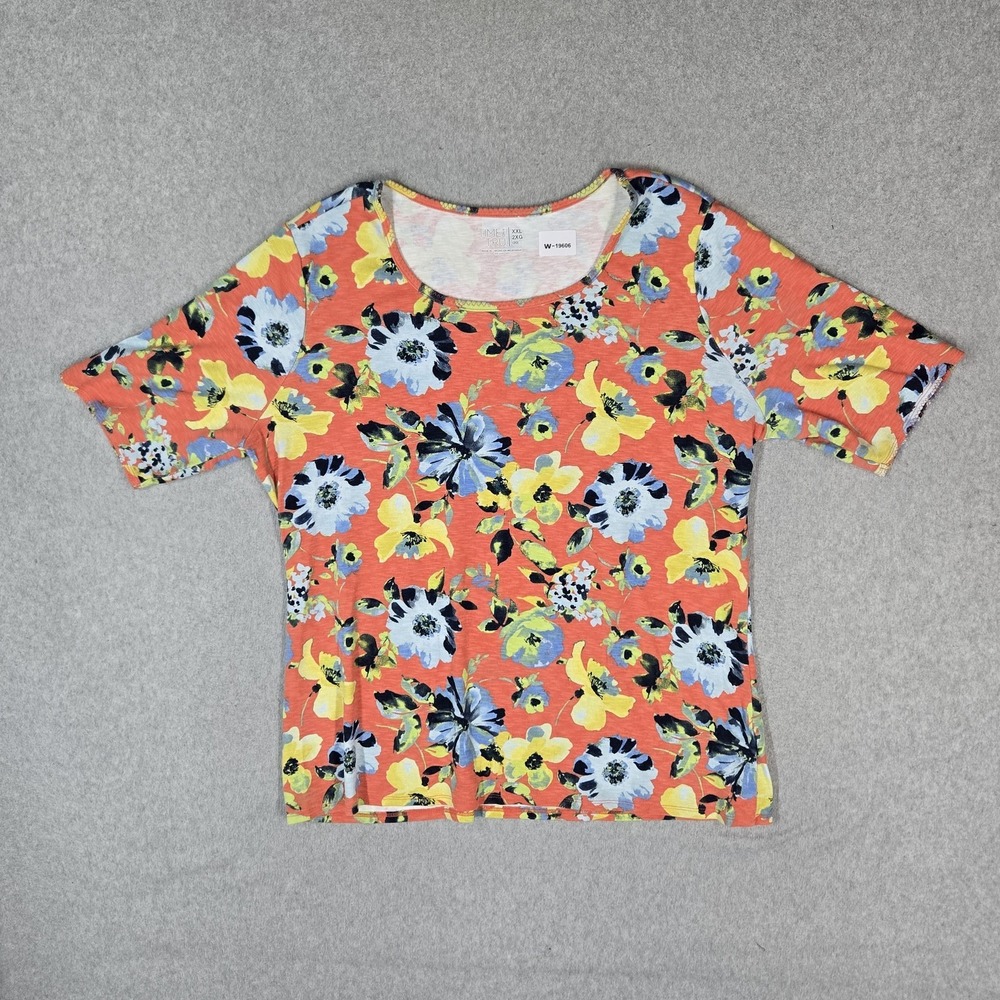 Time And Tru Women Shirt XXL / 2XG (20) Orange Floral Crew Neck Pullover